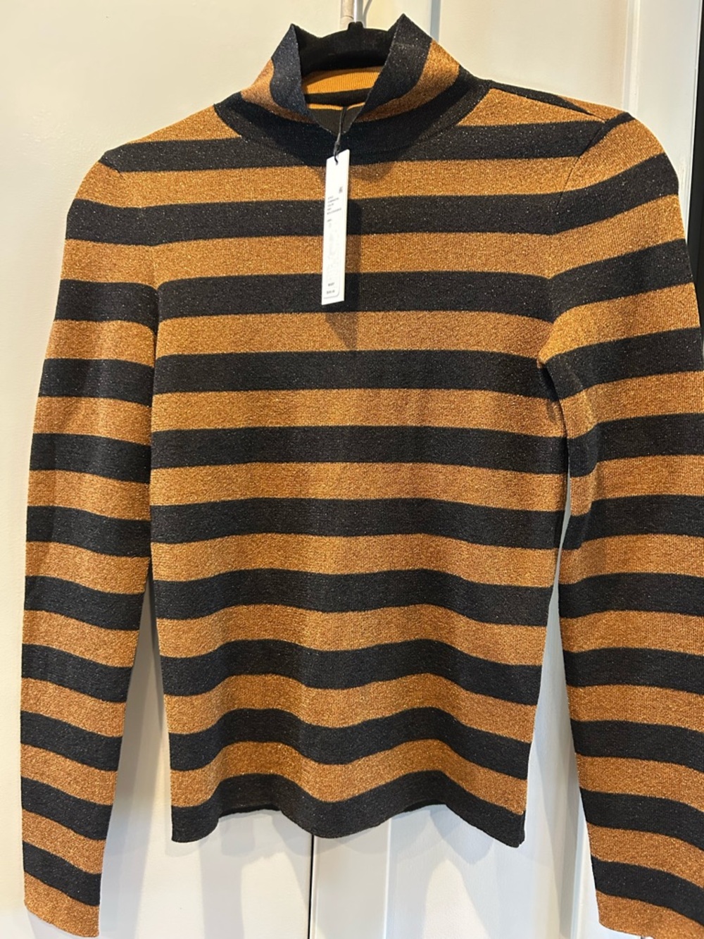 Alice + Olivia, Striped Metallic Mock Neck light weight Sweater - Black & Gold